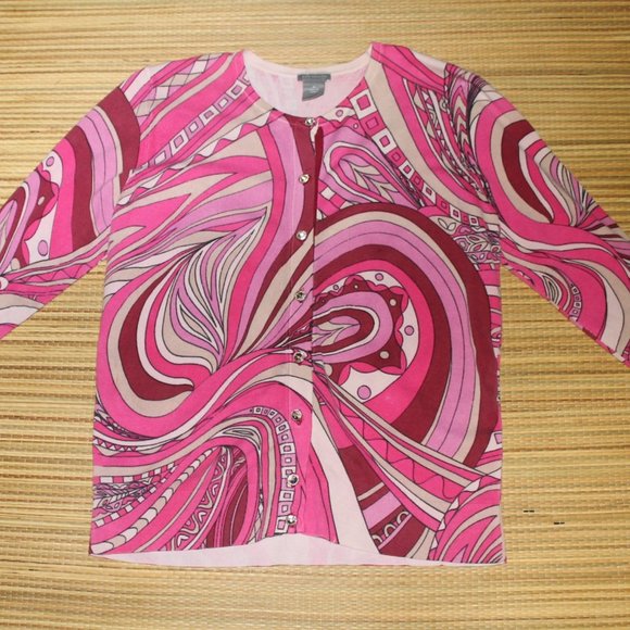 Ann Taylor Pink Mod Swirl Crystal Buttons Silk Blend Cardigan Sweater - Picture 2 of 10